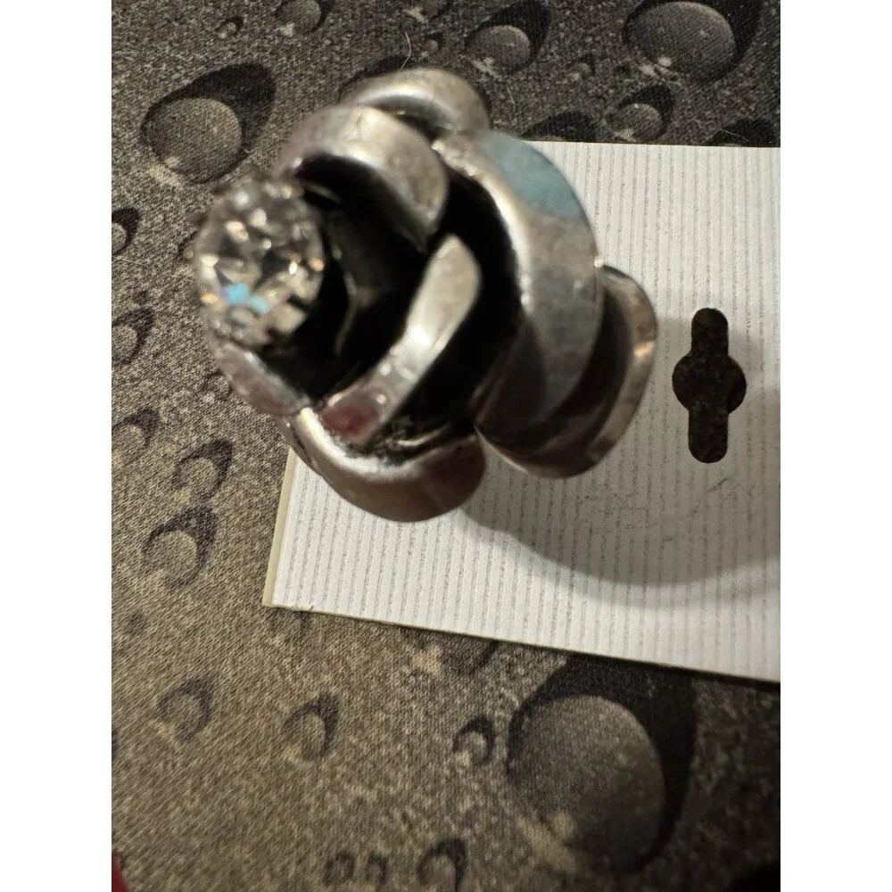 NEW Black Dark Silvertone W CZ Rose Flower Adjustable Fashion Ring Women O/S